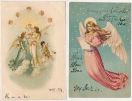 2 db RÉGI hosszú címzéses újévi üdvözlő képeslap: litho angyalok / 2 pre-1905 New Year greeting postcards: angel lithos