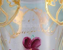 cca 1900, Cseh emlékpohár, zománcfestett díszítéssel, kopással, m: 15 cm