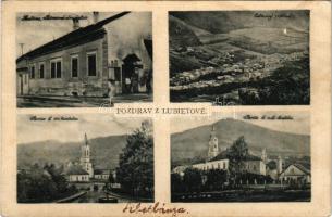 1924 Libetbánya, Libethen, Lubietová; Hostinec, Potravné druzstvo, ev. kostol, rk. kostol / templomok, vendéglő és szövetkezeti üzlet / churches, restaurant and shop (fl)