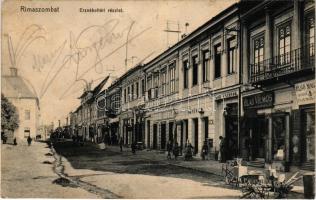 1911 Rimaszombat, Rimavská Sobota; Erzsébet tér, Gömör szálloda, kávéház és sörcsarnok, Első Magyar Biztosító társaság ügynöksége, Dickmann Dezső, Engel Adolf és Blau Vilmos üzlete, Lévai Izsó kiadása / square, restaurant and café, beer hall, shops, insurance company (r)