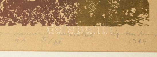 Ágotha Margit (1938-2015 ): Keretjáték, 1984. Linómetszet, papír. Jelzett. Művészpéldány EA I/XV jel...