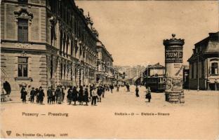 1907 Pozsony, Pressburg, Bratislava; Stefánia út, villamos, hirdetőoszlop Fiumei csokoládé, Gebauer Ágoston és Singer varrógépek reklámjával / street, tram, advertising column (Rb)