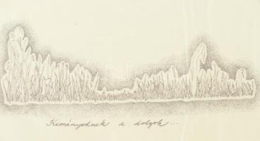 Ács István (1950-): Keményednek a dolgok, 1982. Tus, papír. Jelzett. 41x5 cm. Lap teteje kartonra ka...