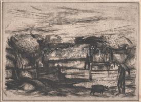 Boross Géza (1908-1971): Malac pásztorral. Rézkarc, papír, jelzés nélkül, paszpartuban. 17x23 cm