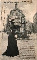 1905 Budapest VII. Magyar színház, Izabella tér (ma Hevesi Sándor tér). Montázs Szentgyörgyi Lenke színésznővel (fa)