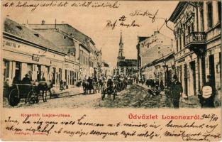 1902 Losonc, Lucenec; Kossuth Lajos utca, Református templom, Vigadó. Redlinger kiadása / street, church, shops