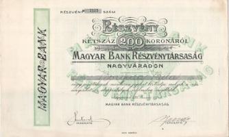 Nagyvárad 1911. "Magyar Bank Részvénytársaság Nagyváradon" részvénye 200K-ról szelvényekkel T:AU