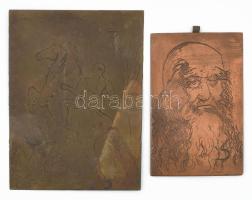 2 db rézkarc nyomódúc: Leonardo da Vinci arcképe, ágaskodó lovon ülő férfialak, jelzés nélkül, 10x6,5 cm és 13x10 cm