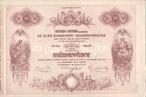 Kiskőrös 1930. "Az Első Dunavidéki Takarékpénztár" 2db részvénye egyben, összesen 100P-ről szelvényekkel, szárazpecséttel T:AU / Hungary / Kiskőrös 1930. "Az Első Dunavidéki Takarékpénztár" 2 shares in one piece, about 100 Pengő with coupons and embossed stamp C:AU