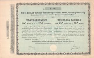 Budapest 1912. "Kőrös-Belovár-Verőcze-Barcsi helyi érdekű vasút részvénytársaság" törzsrészvénye 200K-ról, szelvényekkel, vízjeles papíron T:XF / Hungary / Budapest 1912. "Kőrös-Belovár-Verőcze-Barcs Local Interest Railway Limited Company" share about 200 Korona with coupons, on watermarked paper C:XF