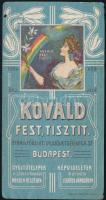 Kovald. Fest, tisztít szecessziós számolócédula, Kovald felirat szürke ceruzával kitöltve, hajtásnyom mentén apró szakadással, apró sérüléssel.