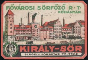 Fővárosi Sörfőző Rt. Kőbányán, Király-sör, Szegedi főraktár töltése, címke v. számolócédula, hátoldalán korabeli felirattal és Palma címkével