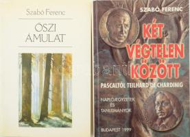 Szabó Ferenc S.J. két dedikált könyve: Őszi ámulat. Versek és műfordítások. Róma, 1982, magánkiadás. Első kiadás. Kiadói papírkötés. + Két végtelen között. Naplójegyzetek és tanulmányok. Kecskemét-Bp., 1999, Korda - Távlatok. Első kiadás. Kiadói papírkötés. Mindkét kötet a szerző, Szabó Ferenc (1931-2022) jezsuita szerzetes, teológus, költő, publicista által dedikált.