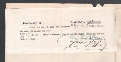 1864 Az Első Pécsi Váltóüzlet államkötvény jegyzésről szóló elismervénye a kamatok kifizetését igazo...