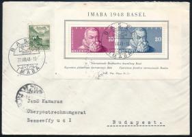 1948 IMABA blokk alkalmi bélyegzéssel levélen Mi 13, "BASEL" - "BUDAPEST"