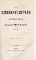 Széchenyi István:  Gróf Széchenyi István: politikai iskolája, saját műveiből összeállítva. Első kötet. Pesten, 1863. Kiadja Heckenast Gusztáv (Nyomatott Landerer és Heckenastnál.) [4] + VI + 386 + [2] p. A Török János szerkesztésében három kötetben megjelenő Széchenyi-kiadás azzal az indoklással jelent meg, miszerint Széchenyi alapvető dolgozatai a könyvpiacon már elérhetetlenek, és a közgazdasági gondolkodás megreformálása érdekében olcsó kiadásban kell hozzáférhetővé tenni a megdicsőült államférfi politikai hagyatékát. Az első kötet a ,,Hitel", a ,,Világ", a ,,Stadium" és ,,A magyar Academia körül" című dolgozatokat adja közre, szemelvényes formában. Gyulai Pál, a korszak vitriolos nyelvű kritikusa a ,,Koszorú" című hetilapban szemlézte az első kötetet, és a jó szándék elismerése mellett kétségbe vonta a szemelvényes formátum pedagógiai értékét, minthogy a gondolatmenet csakis csonkítatlan formában értékelhető (és közölhető) Széchenyi-műként. A munka második és harmadik kötete 1863-1864 során jelent meg. Szentkirályi 305. Díszesen aranyozott gerincű, vaknyomásos korabeli egészvászon kötésben, pávamintás festésű lapszélekkel. Jó példány.