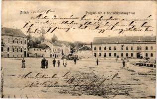 1906 Zilah, Zalau; Polgári tér a honvédlaktanyával. Molnár Lajos kiadása / square, military barracks (fl)