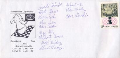 1998 Capablanca sakkverseny alkalmi boríték a Debreceni Biogál SE OB 1/b-s sakkcsapat tagjainak aláírásával / Autograph signatures of chess players