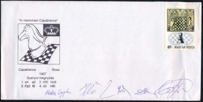 1999 A Poncom Open Nemzetközi Sakkverseny résztvevőinek aláírásával Mester Gyula, Félegyházi László, Mészáros András, Donka Péter, Boricsev Oleg. / Autograph signatures of international chess players