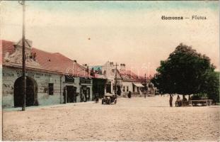 Homonna, Homenau, Humenné; Fő utca, Oroszlán szálloda, bor és sörcsarnok, Hossza Gyula dohány és szivar nagyáruda, üzletek. Vasúti levelezőlapárusítás 3086. / main street, hotel, wine and beer hall, shops