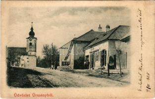 1905 Ürmény, Urmin, Mojmírovce; utca, templom, üzlet / street, church, shop (EK)