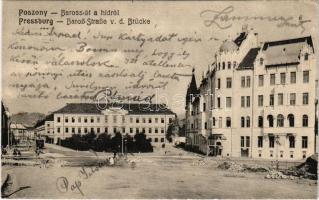 1908 Pozsony, Pressburg, Bratislava; Baross út a hídról, Ferenc József cs. és kir. laktanya, útépítés / Franz Joseph I. K.u.K. Pionnier Kaserne / square, military barrack, road construction