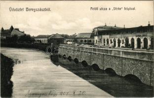 1907 Beregszász, Beregovo, Berehove; Petőfi utca a Vérke folyóval, piac, Laczkovszky János üzlete. Auer K. és Kovács K. kiadása / street, verke riverside, shops, market