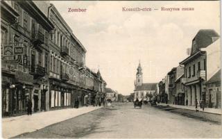 Zombor, Sombor; Kossuth utca, templom, üzletek. Karakasevits Mil. kiadása / street, church, shops