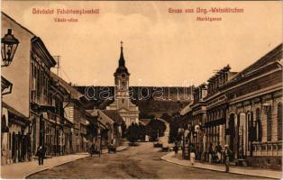 Fehértemplom, Ung. Weisskirchen, Bela Crkva; Vásár utca, templom. Hepke Berthold kiadása / street, church