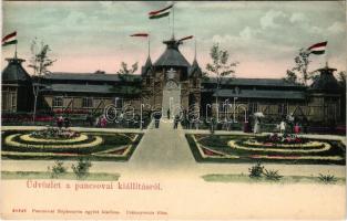 Pancsova, Pancevo; Kiállítás, Ipar Csarnok magyar zászlókkal. Népkonyha egylet kiadása / Exhibition, Industrial Hall, Hungarian flags