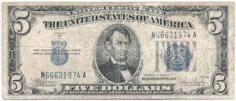 Amerikai Egyesült Államok 1946-1949. (1934C) 5$ "Silver Certificate - kisméretű" kék pecsét "William Alexander Julian, John Wesley Snyder", "N 66631974 A" T:VG USA 1946-1949. (1934C) 5 Dollars "Silver Certificate - Small size" blue seal "William Alexander Julian, John Wesley Snyder", "N 66631974 A" C:VG Krause P#414A