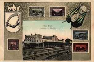1908 Bosanski Brod, Kolodvor / Bahnhof / railway station. Art Nouveau montage with stamps, coat of arms and flags (fl)