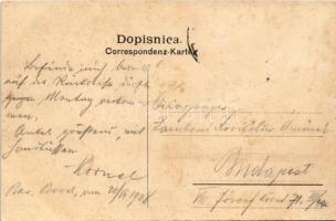 1908 Bosanski Brod, Kolodvor / Bahnhof / railway station. Art Nouveau montage with stamps, coat of a...