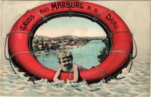 Maribor, Marburg a. Drau; Gruss aus / Art Nouveau montage with child in swimming ring (fl)
