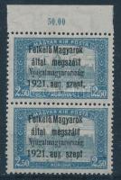 Nyugat-Magyarország I. 1921 Parlament 2,50K ívszéli pár, Bodor vizsgálójellel (18.000)