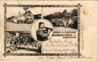 1907 Dreistetten, Gruss vom Lustigen Scherrer Wirth, Leopold Scherrers Gasthaus / inn, restaurant garden and interior, folklore, musician. Art Nouveau. B.K.W.I. 2351. (gyűrődések / creases)