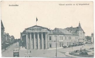 1915 Szabadka, Subotica; Városi színház az új bérpalotával, villamos. Lipsitz kiadása / theatre, tram (EK)