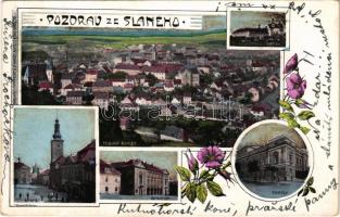 Slany, Schlan; Radnice, Celkovy Pohled, Gymnasium, Klaster, Divaldo. Nákladem Frant Kobese / town hall, general view, school, castle, theater. Art Nouveau florarl