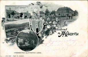 ~1903 Mlázovice, Cást námesti, Údoli Mezihorské, z parku, restaurace, znak, Hrádkovych Slatinnych Lázni. Nakl. Fr. Hrádek. Körber Praha / square, staue, shops, valley, restaurant, coat of arms, Art Nouveau (kopott sarkak / worn corners)