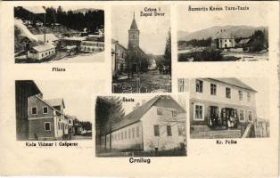 Crni Lug (Delnice), Pilana, Crkva i Zupni Dvor, Sumarija Kneza Turn-Taxis, Kuca Vidmar i Gasparac, Skola, Kr. Posta / sawmill, church and parish court, Prince of Thurn and Taxis villa, villas, school, post office (vágott / cut)