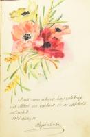 cca 1915 Szecessziós emlékkönyv kézírásos bejegyzésekkel, egy-két rajzzal, litho képpel, széteső áll...