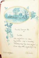 cca 1915 Szecessziós emlékkönyv kézírásos bejegyzésekkel, egy-két rajzzal, litho képpel, széteső áll...