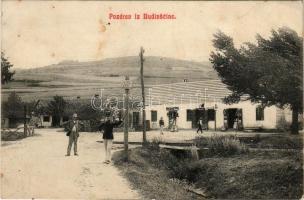 1910 Budinscine, vasútállomás, vasutas, üzletek. Márton Jenő felvétele / railway station, railwayman, shops (fl)