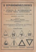 A gépjáróműközlekedés rendészeti szabályai kérdés és feleletben a gépkocsi- és motorkerékpár-vezetői vizsga letételéhez. Szerkesztette: Dárday József. (1947) Budapest, 1947. (Fővárosi Nyomda Rt.) 56 p. A Dárday József rendőr ezredes által szerkesztett kiadvány a háború után életbe lépett KRESZ-szabályok foglalata, ám messze nem az első kiadás: a kiadványnak 1940-ból ismeretes a 4. kiadása. A dokumentum néhány pontban kitér a gépjármű-üzemeltetés műszaki kérdéseire is, ám a kérdés-felelet formában kidolgozott munka döntően a közúti közlekedés szabályait ismerteti. Kiadványunk számos korjellemző adalékkal bír: megtudhatjuk belőle, hogy a rendszer négy arab számból és egy latin betűből áll, a városon belüli legnagyobb megengedett haladási sebesség személygépjáróművek esetén 40 km/h, és részletesen szabályozza a páncélozott járművel való találkozás eseteit is, illetve megtudhatjuk belőle a Kossuth hídra és a Petőfi pontonhídra való felhajtás eseteit is. Az 1940. évi kiadástól eltérően a légiveszély esetén fellépő szabálymódosítások már nem szerepelnek kötetünkben. A belső borítókon színes válogatás a közlekedési táblákból. Fűzve, illusztrált, enyhén sérült gerincű kiadói borítóban. Jó példány.