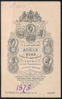 1875 Fiatal lány portréja, vizitkártya Adéle cs. kir. udvari fényképész bécsi műterméből, jó állapot...
