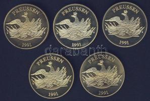 Németország 1991. "Poroszország története" 5 klf db aranyozott ffém emlékérem T:PP Tanusít...
