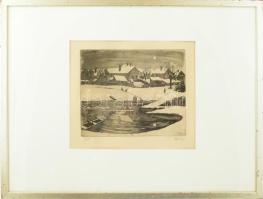 Élesdy István (1912-1987): Tél. Rézkarc, papír, jelzett. Üvegezett, kissé sérült fakeretben, 19×23 c...