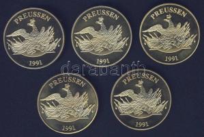 Németország 1991. "Poroszország története" 5 klf db aranyozott ffém emlékérem T:PP Tanusít...
