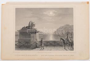 cca 1850 Ludwig Rohbock (1820-1883) - J. M. Kolb: A hídon (Lánchíd) Pest és Buda között, Pest, Lauffer és Stolp, acélmetszet, jelzett a metszeten, 13x17 cm, lapszéli kisebb sérüléssel.