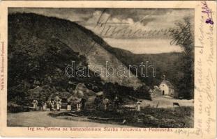 1904 Szomszédváralja, Podsused (Zagreb, Zágráb), Trg sv. Martina sa kamenolomom Slavka Fercovica. Naklada S. Bukovinac / kápolna, kőbánya / chapel, quarry (fa)